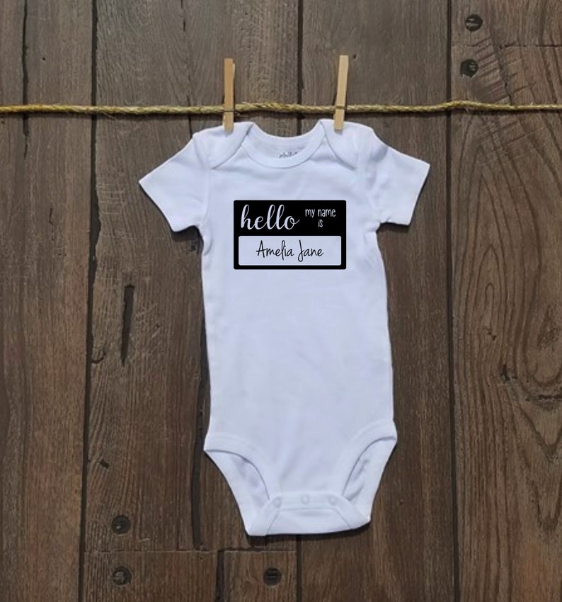Hello My Name is Onesie\u2122 custom name tag Free Shipping body suite gerber\u2122 Carter\u2122 announcement photo