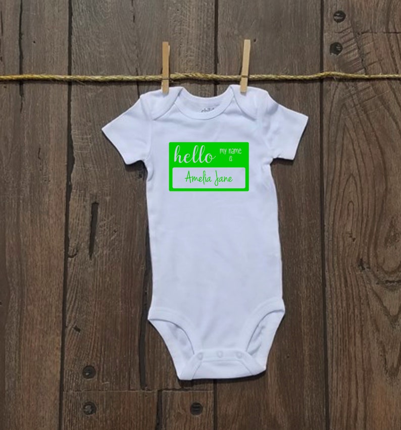 Hello My Name is Onesie\u2122 custom name tag Free Shipping body suite gerber\u2122 Carter\u2122 announcement photo