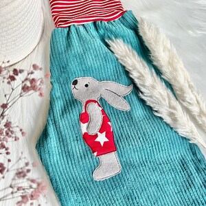 May include: Teal corduroy pants with a red and white striped waistband and a gray bunny applique wearing a red swimsuit with white stars.