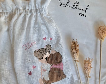 Dog with girl muslin paperbag skirt summer school enrollment