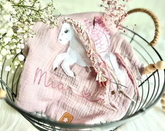 Pegasus Glitzer Musselintuch Musselin Tuch Halstuch zart rosa oder Wunschfarbe bestickt