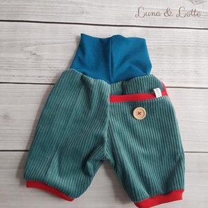 Puede incluir: Shorts de beb&eacute; de pana turquesa con cintura alta turquesa y ribete rojo. Un bot&oacute;n de madera adorna la parte delantera. Los pantalones cortos est&aacute;n etiquetados "Luna & Lotte" en cursiva.