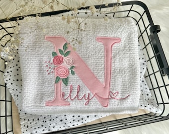 Towel personalized with flowers letter name white pink