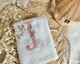 Towel personalized with flowers letter name white