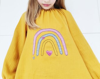 Muslin Rainbow Tunic School Enrollment School Cone Outfit Mustard Yellow Long Sleeve or Short Sleeve Rainbow