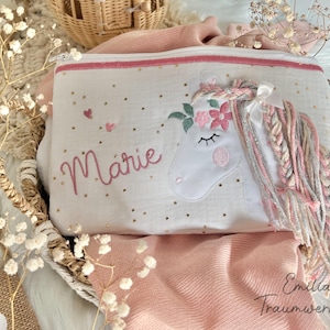 Preis ab 29,80 Euro 3D Pony Pferd große Glitzer Kosmetiktasche aus Musselin Blumen Kulturbeutel rosa