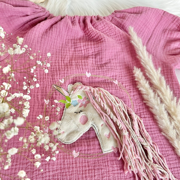 Einhorn altrosa Kleid oder Tunika für Kinder bestickt Blumenkranz Gr. 68 - 140 Einschulung Kleid Schulanfang
