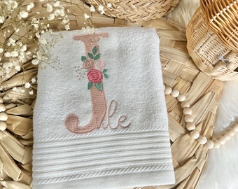 Towel personalized with flowers letter name white