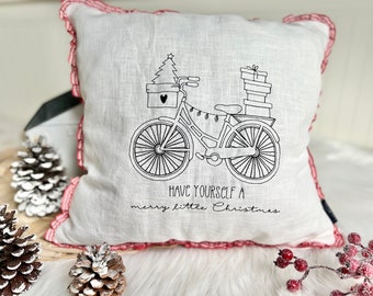 Leinen Kissen schwarz weiss 40x40cm Fahrrad Kissen mit roter Rüsche Christmas X mas Geschenk