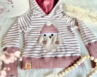 Winter Eule Hoodie geringelt altrosa Mädchen Kapuzenpullover Babyhoodie Kinderhoodie 104 - 152