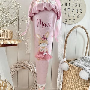 Leni the Rabbit, a girl's glittery ruffled school cone for starting school, bunny in a tulle skirt with flowers