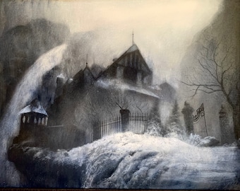 May include: A grayscale painting depicts a gothic-style house and surrounding landscape. The artwork features a snow-covered foreground, a wrought-iron fence, and bare trees, creating a moody, wintery scene. The painting is framed.