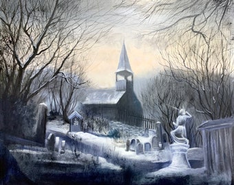 May include: A snowy, wintery scene with a church in the background and a graveyard in the foreground. The church has a tall steeple and is painted in shades of gray. The graveyard is filled with headstones and a few trees. The scene is painted in a realistic style with a focus on the details of the snow and the trees.