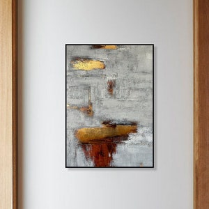 27.6x19.7 Abstract Grey Paintings on Canvas, Original Gold Leaf Art, Modern Handmade Oil Painting, Japandi Decor Art for Indie Room Decor image 2