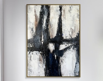 Abstract Black And White Shapes Oil Art On Canvas Artwork Original Frame Painting Contemporary Art Fine Art Painting Office Painting 30x26"