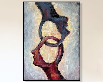 27.6x19.7" Peintures figuratives abstraites sur toile. Visages Formes Art Peinture à la main, Décor esthétique moderne pour Indie Room Decor