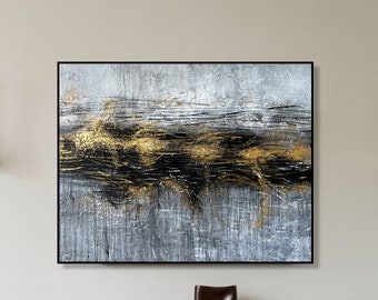 Abstrakte graue Leinwand Gemälde mit Original Blattgold Kunst Minimalistische Malerei Wandkunst für Wohnzimmer Dekor 50x27,6 "