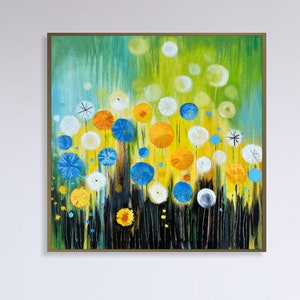 Original Abstract Colorful Dandelions Paintings on Canvas, Original Floral Art for Kids Room, Hand Painted Wall Hanging Art 28x28 image 2