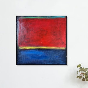 Peinture abstraite rouge et bleue de style Mark Rothko sur toile, oeuvre d'art Mark Rothko de style urbain moderne, oeuvre d'art murale texturée pour décoration d'intérieur 61 x 61 cm image 2