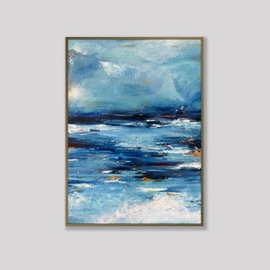 Abstract Blue Oceanic Wave Paintings On Canvas Scandic Chic Art Aesthetic Wall Hanging Artwork Custom Oil Painting for Home Decor 28x20 image 1