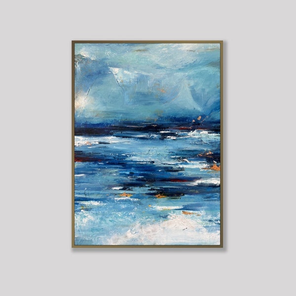 Abstract Blue Oceanic Wave Paintings On Canvas Scandic Chic Art Aesthetic Wall Hanging Artwork Custom Oil Painting for Home Decor 28"x20"