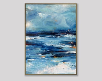 Abstract Blue Oceanic Wave Paintings On Canvas Scandic Chic Art Aesthetic Wall Hanging Artwork Custom Oil Painting for Home Decor 28"x20"