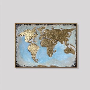 23.6x33.5 Abstract Gold World Map Paintings on Canvas, Hand Painted Map of the World, Original Oil Painting Best Choice for Office Decor image 2