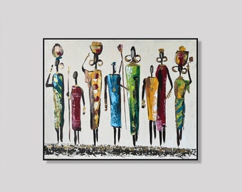 19.7x27.6" Abstract Colorful Africans Paintings on Canvas, Original African Culture Art, Handmade Painting Best Choice for Office Wall Decor