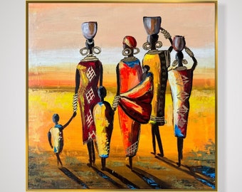 Pinturas figurativas abstractas sobre lienzo, pueblo africano original, pintura al óleo de la cultura africana, decoración de pared estilo boho para el hogar 24 "x 24"