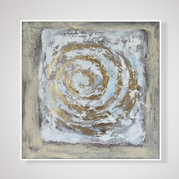 Original Abstract Swirl Paintings On Canvas, Beige And Gold Leaf Art, Boho Style Artwork Wall Hanging Decor for Home 24"x24"