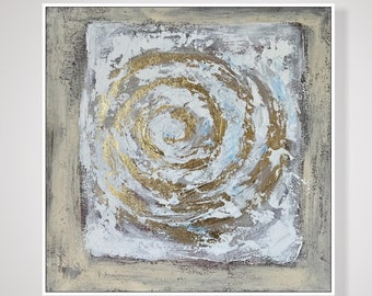 Original abstrakte Swirl Gemälde auf Leinwand, Beige und Blattgold Kunst, Boho-Stil Kunstwerk Wandbehang Dekor für Zuhause 60 x 60 cm