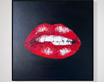 Abstract Red Lips Paintings On Canvas Modern Textured Handmade Art Japandi Style Wall Hanging Decor for Home Or Office 20"x20"