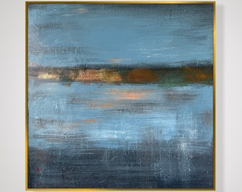 Minimalist Abstract Seascape Blue and Gold Paintings On Canvas Modern Acrylic Gold Leaf Artwork, Original Bold Colorful Painting 24"x24"