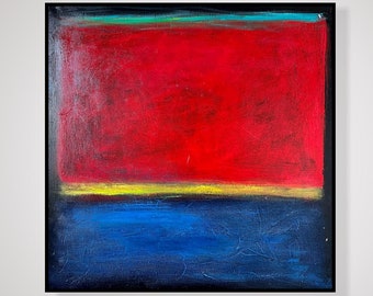 Peinture abstraite rouge et bleue de style Mark Rothko sur toile, oeuvre d'art Mark Rothko de style urbain moderne, oeuvre d'art murale texturée pour décoration d'intérieur 61 x 61 cm