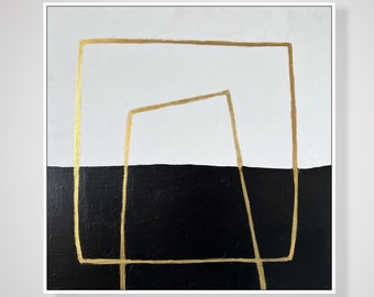 Abstracte geometrische vormen minimalistische bladgoudkunst abstracte zwart-witte schilderijen op canvas moderne muurkunst voor woondecoratie 24 "x 24"