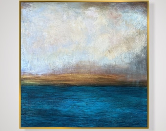 Peintures abstraites bleues de paysage aquatique sur toile, peinture à l'huile personnalisée originale en or, blanc et bleu marine, décoration murale moderne en forme de feuille d'or, 28 x 28 pouces