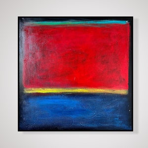 Peinture abstraite rouge et bleue de style Mark Rothko sur toile, oeuvre d'art Mark Rothko de style urbain moderne, oeuvre d'art murale texturée pour décoration d'intérieur 61 x 61 cm image 1