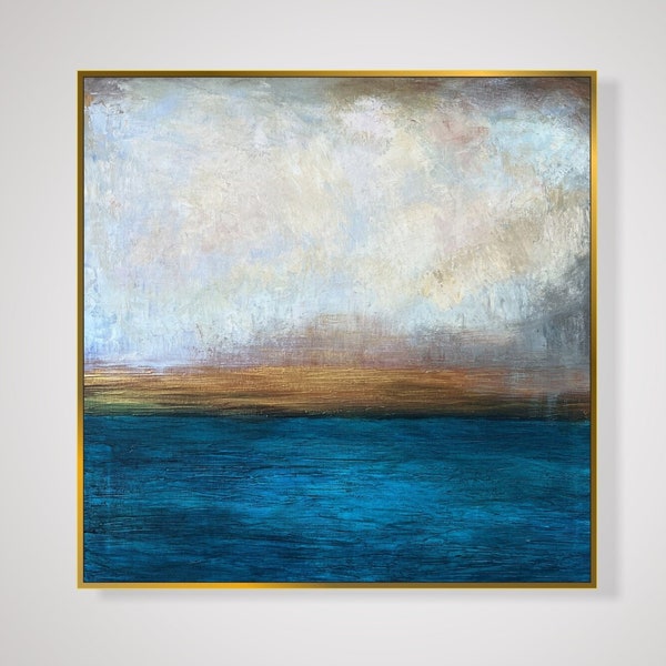 Abstract Blue Waterscape Paintings On Canvas Original Gold, White and Navy Blue Custom Oil Painting, Modern Gold Leaf Art Wall Decor 28"x28"