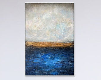 Pinturas abstractas azules y doradas sobre lienzo con textura de pan de oro, pintura moderna perfecta para tu espacio de trabajo, decoración de oficina, 23,6 x 15,7 pulgadas