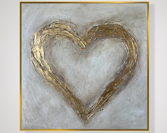 Original Abstraktes Herz Gemälde Auf Leinwand, Zeitgenössische Blattgold Kunst, Beige Strukturierte Romantische Malerei Im Boho Stil Wanddekor 24 "x 24"