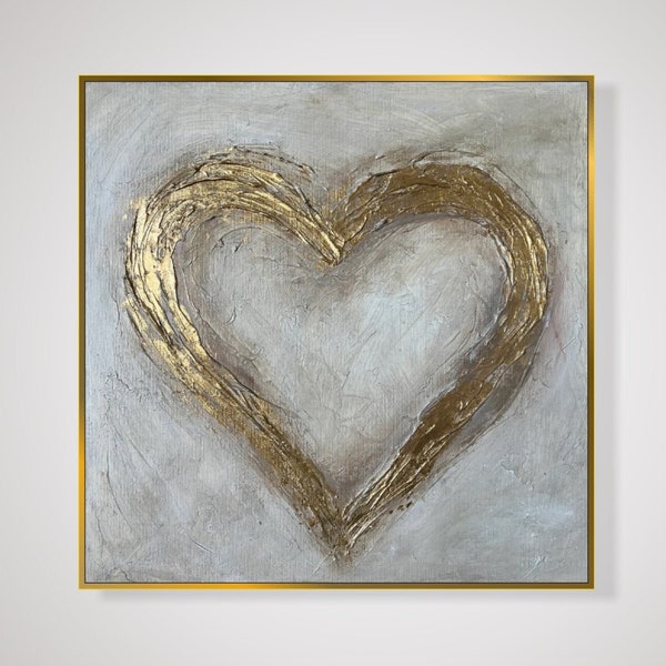 Original Abstraktes Herz Gemälde Auf Leinwand, Zeitgenössische Blattgold Kunst, Beige Strukturierte Romantische Malerei Im Boho Stil Wanddekor 24 "x 24"