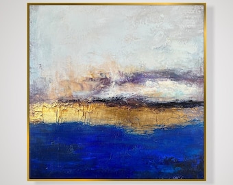 Dipinti blu astratti su tela, opere d'arte originali in foglia d'oro, pittura acrilica moderna, opere d'arte fatte a mano per la decorazione della parete di casa 26"x24"