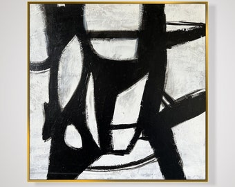 Pinturas abstractas en blanco y negro sobre lienzo, pintura al óleo personalizada estilo Franz Kline, decoración minimalista texturizada para colgar en la pared para el hogar 28 "x 28"