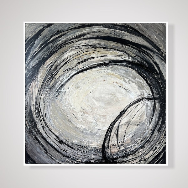 Original Abstract Circles Paintings On Canvas, Monochrome Artwork, Modern Black And White Art, Custom Oil Painting for Office Decor 28"x28"