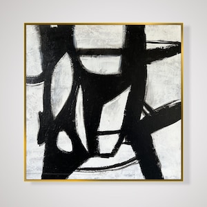 Abstract Black And White Paintings On Canvas, Franz Kline style Custom Oil Painting, Textured Minimalist Wall Hanging Decor for Home 28x28 imagem 1