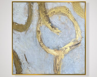 Abstract Beige Painting on Canvas, Original Golden Circles Custom Oil Painting, Textured Gold Leaf Art, Minimalist Wall Decor 28"x28"