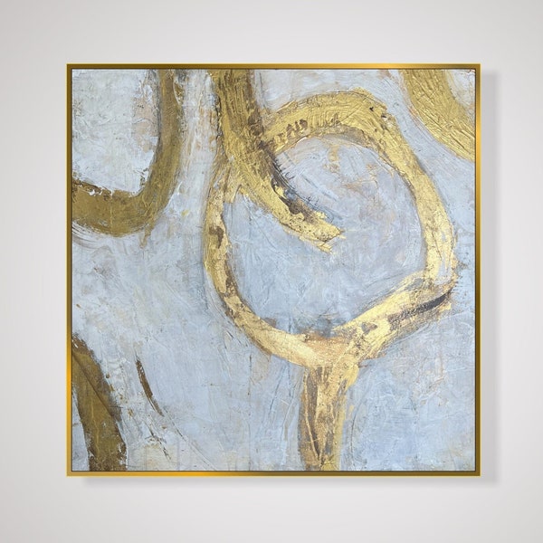 Pittura beige astratta su tela, pittura a olio personalizzata cerchi dorati originali, arte martellata foglia d'oro, decorazione della parete minimalista 28 "x 28"