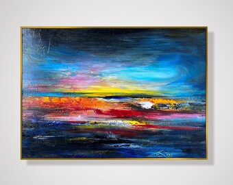 Abstract Sunset Landscape Paintings On Canvas, Textured Paintings in Deep Blue, Yellow and Red Colors, Wabi Sabi Art for Home Decor 30"x39"