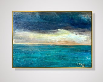 Absratct Sunset Light Blue Textured Ocean Art in Blue and Gold Paintings On Canvas Textured Seascape Ocean Coastal Wall Art for Home 30"x39"