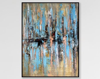 31.9x24" Original Abstract in Beige and Blue Colors Paintings on Canvas, Boho Style Modern Wall Hanging Decor Art Best Choice for Home